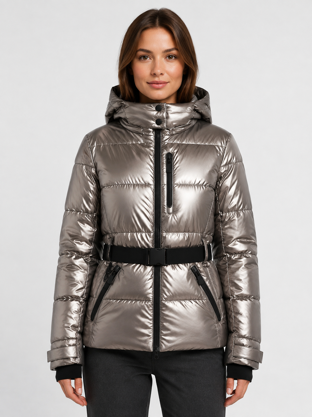 Women’s Hooded Puffer Jacket with Waist Belt
