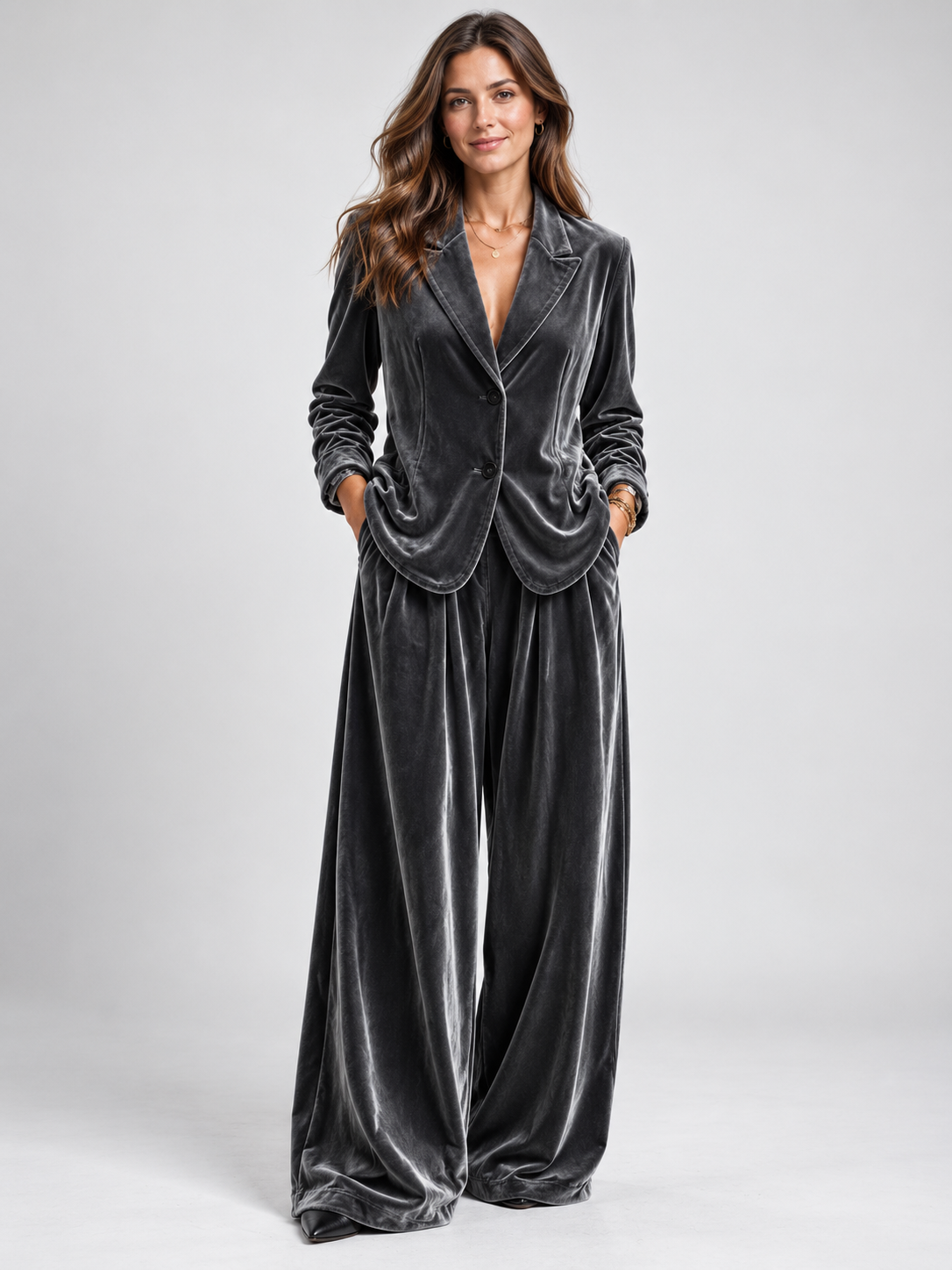 Women's Lapel Blazer and Wide-Leg Trousers Set