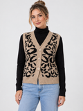 Women's Leopard Print Knitted Button-Front Waistcoat Cardigan