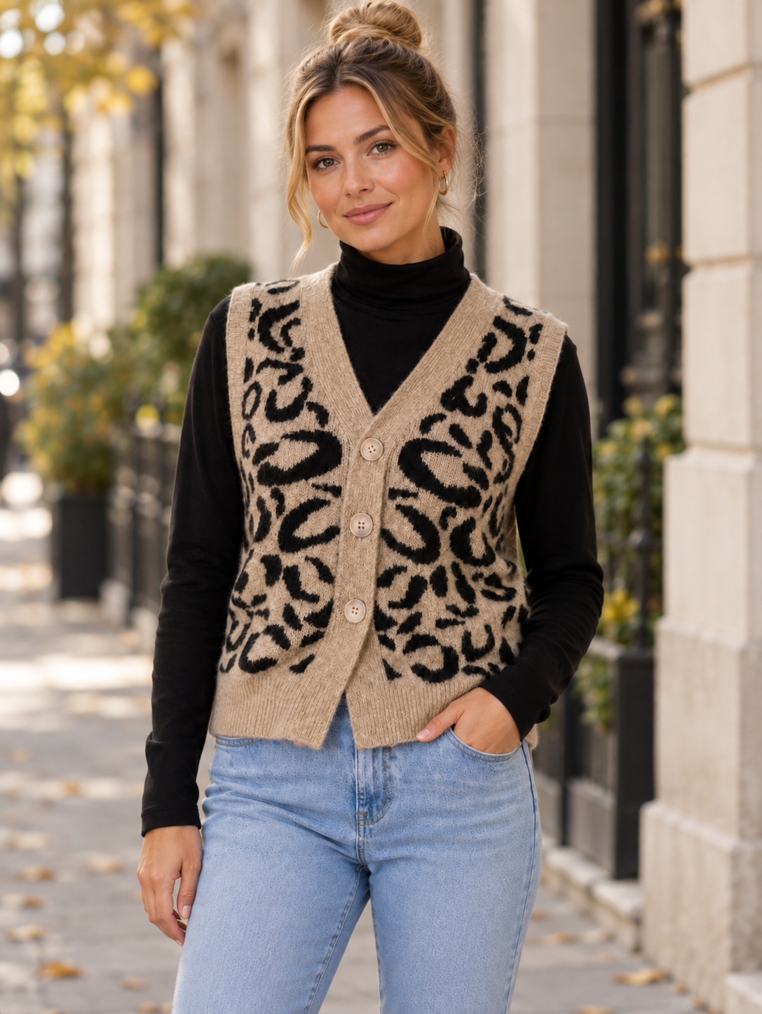 Women's Leopard Print Knitted Button-Front Waistcoat Cardigan