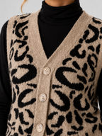 Women's Leopard Print Knitted Button-Front Waistcoat Cardigan