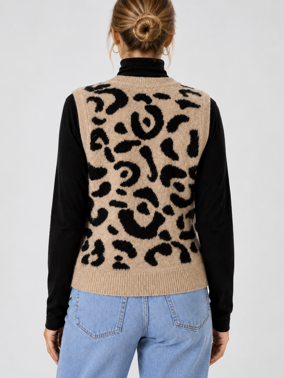 Women's Leopard Print Knitted Button-Front Waistcoat Cardigan