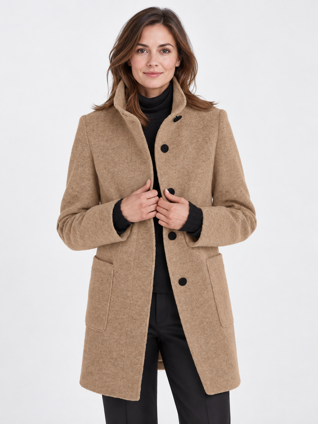 Women's Long Stand Collar Wool-Blend Coat