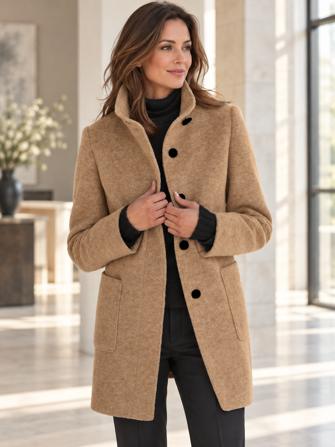 Women's Long Stand Collar Wool-Blend Coat