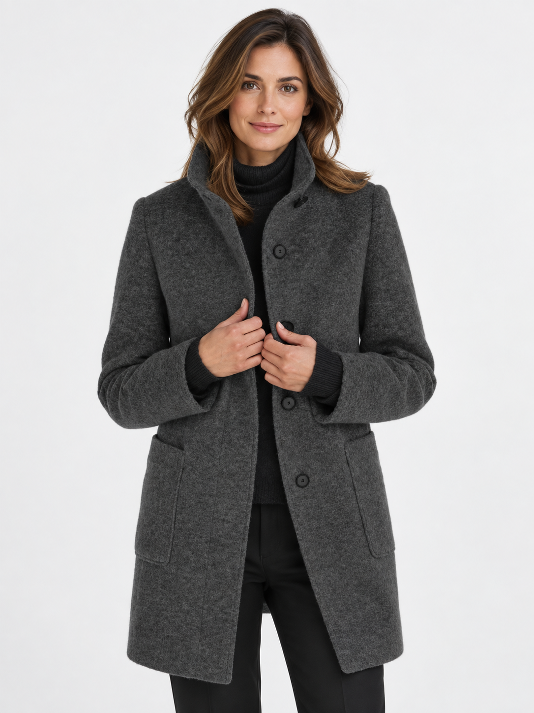 Women's Long Stand Collar Wool-Blend Coat