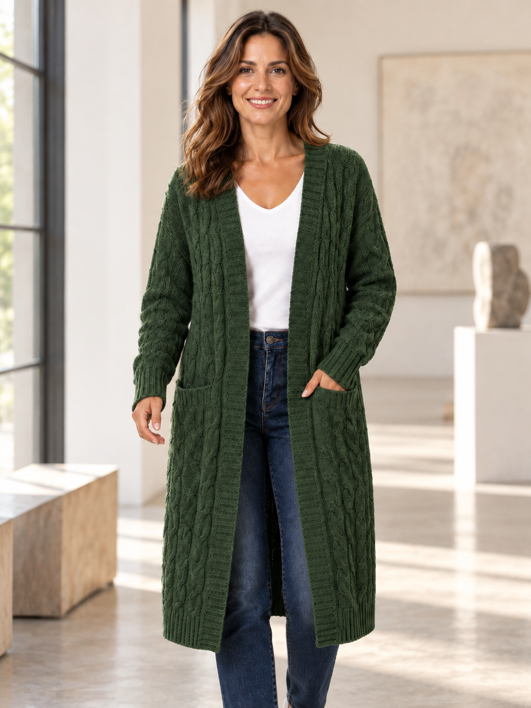Women’s Longline Cable Knit Cardigan with Pockets