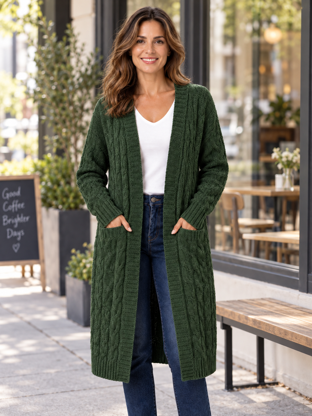 Women’s Longline Cable Knit Cardigan with Pockets