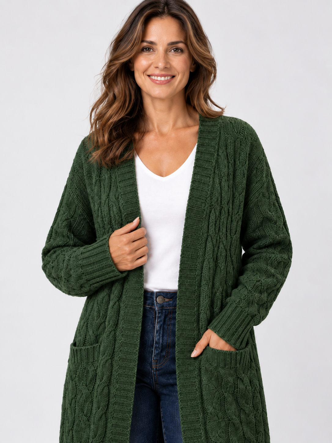 Women’s Longline Cable Knit Cardigan with Pockets