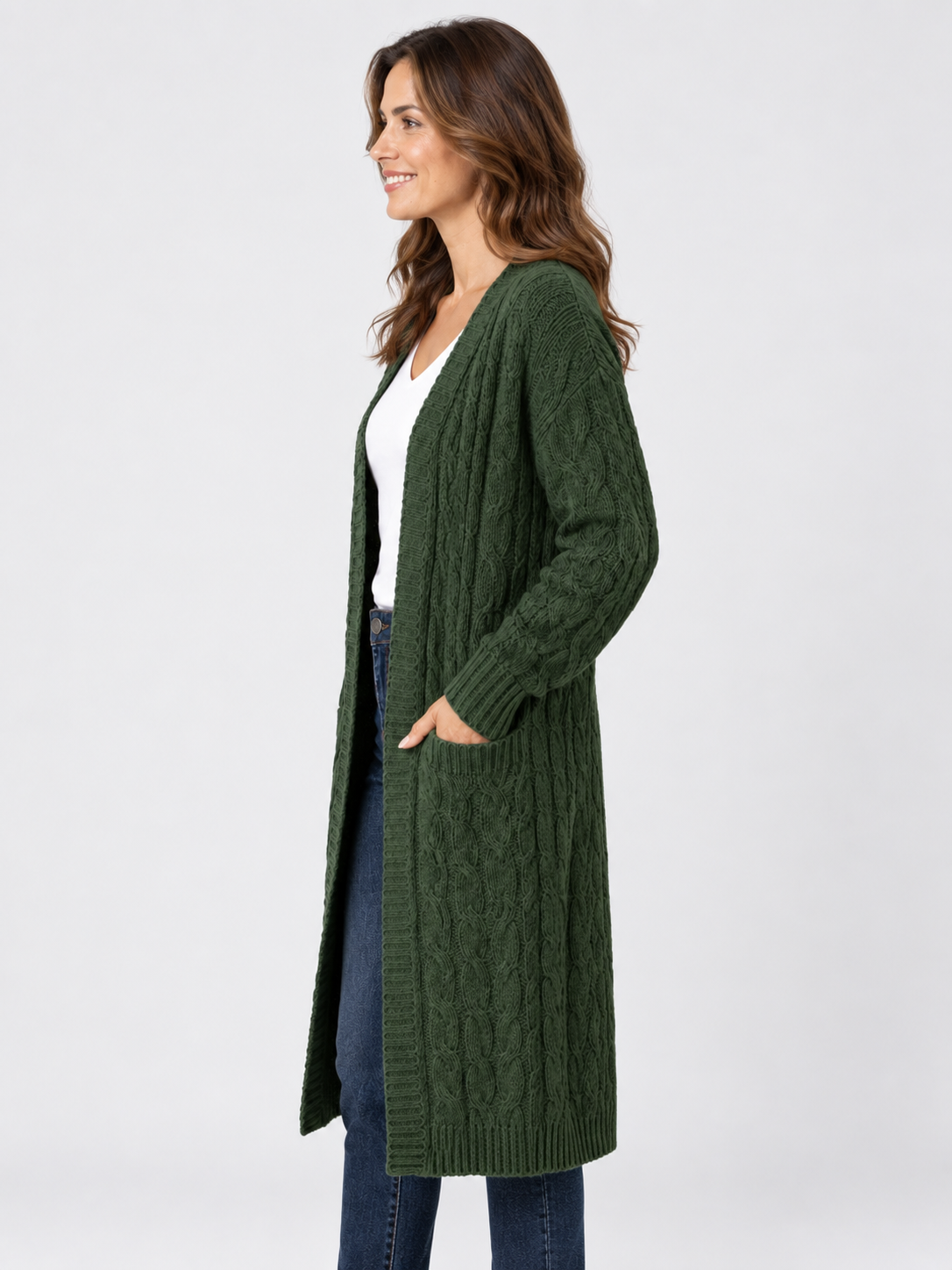Women’s Longline Cable Knit Cardigan with Pockets