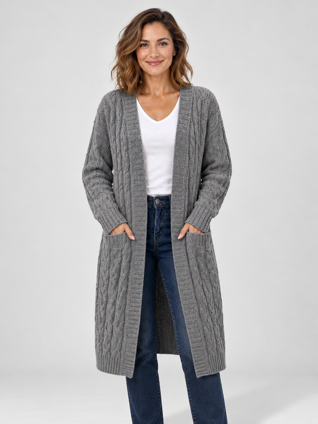 Women’s Longline Cable Knit Cardigan with Pockets