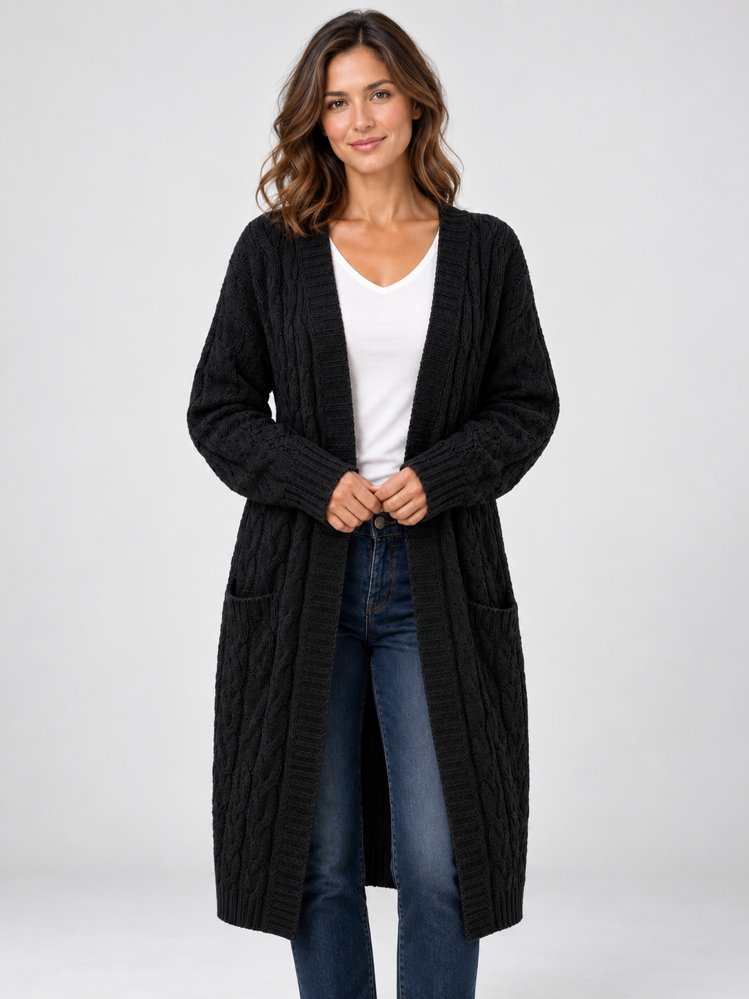 Women’s Longline Cable Knit Cardigan with Pockets