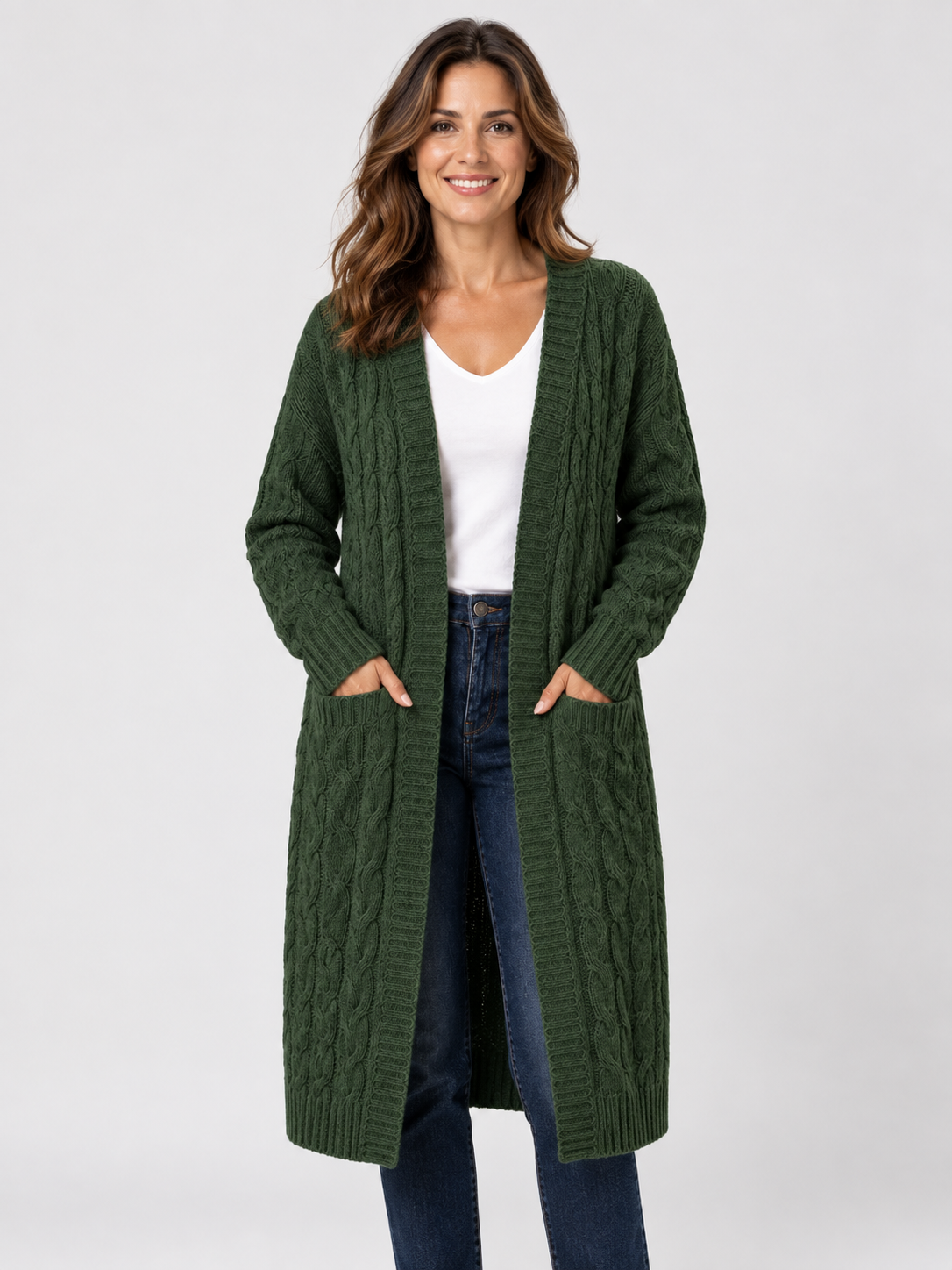 Women’s Longline Cable Knit Cardigan with Pockets