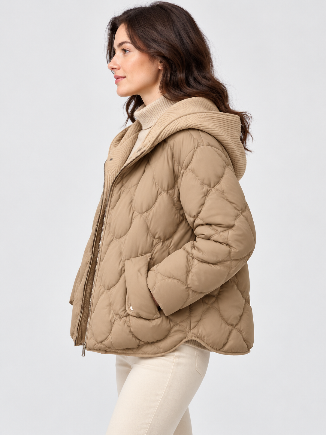 Women's Loose Hooded Quilted Cropped Jacket with Zip Closure