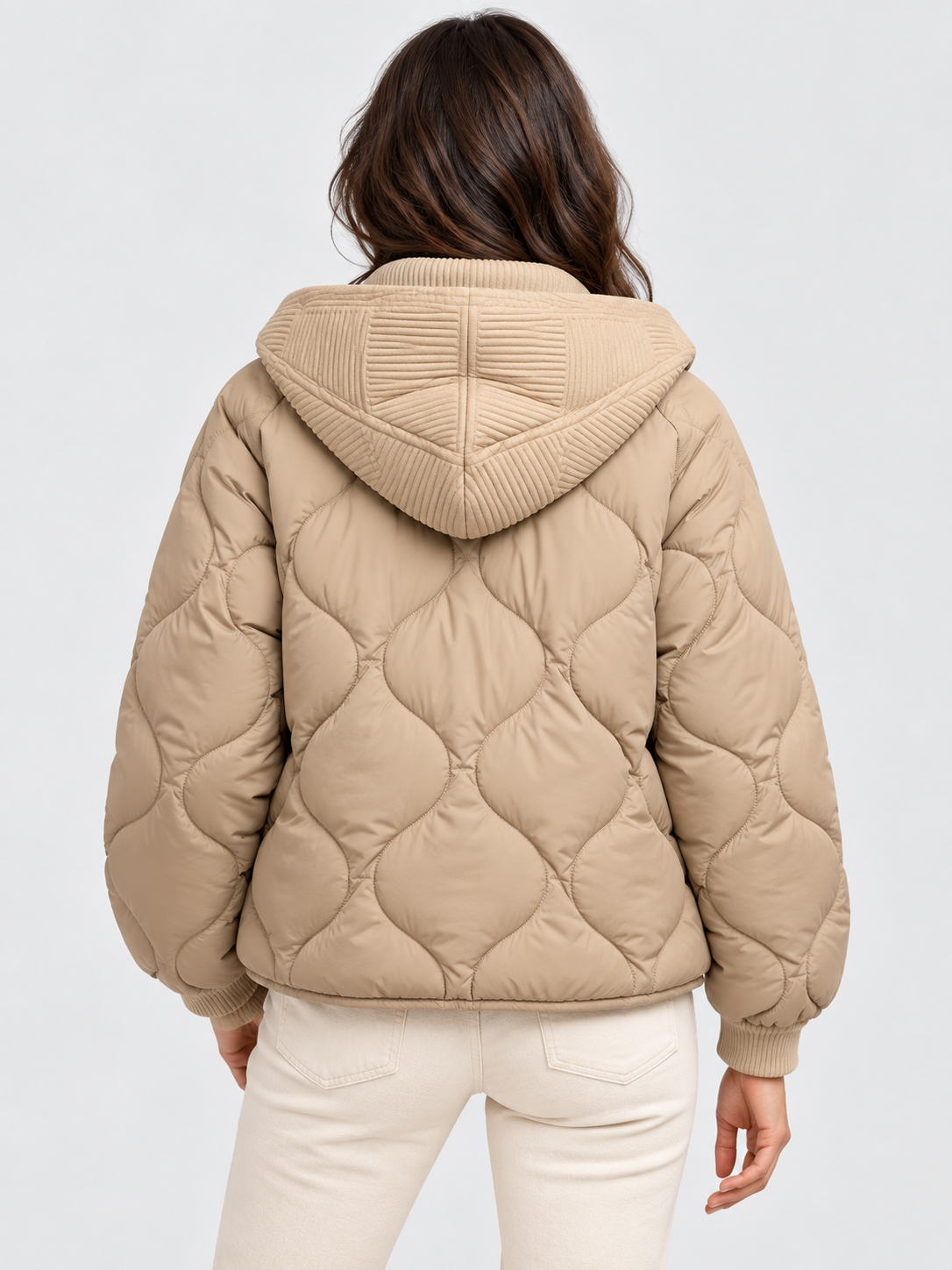 Women's Loose Hooded Quilted Cropped Jacket with Zip Closure