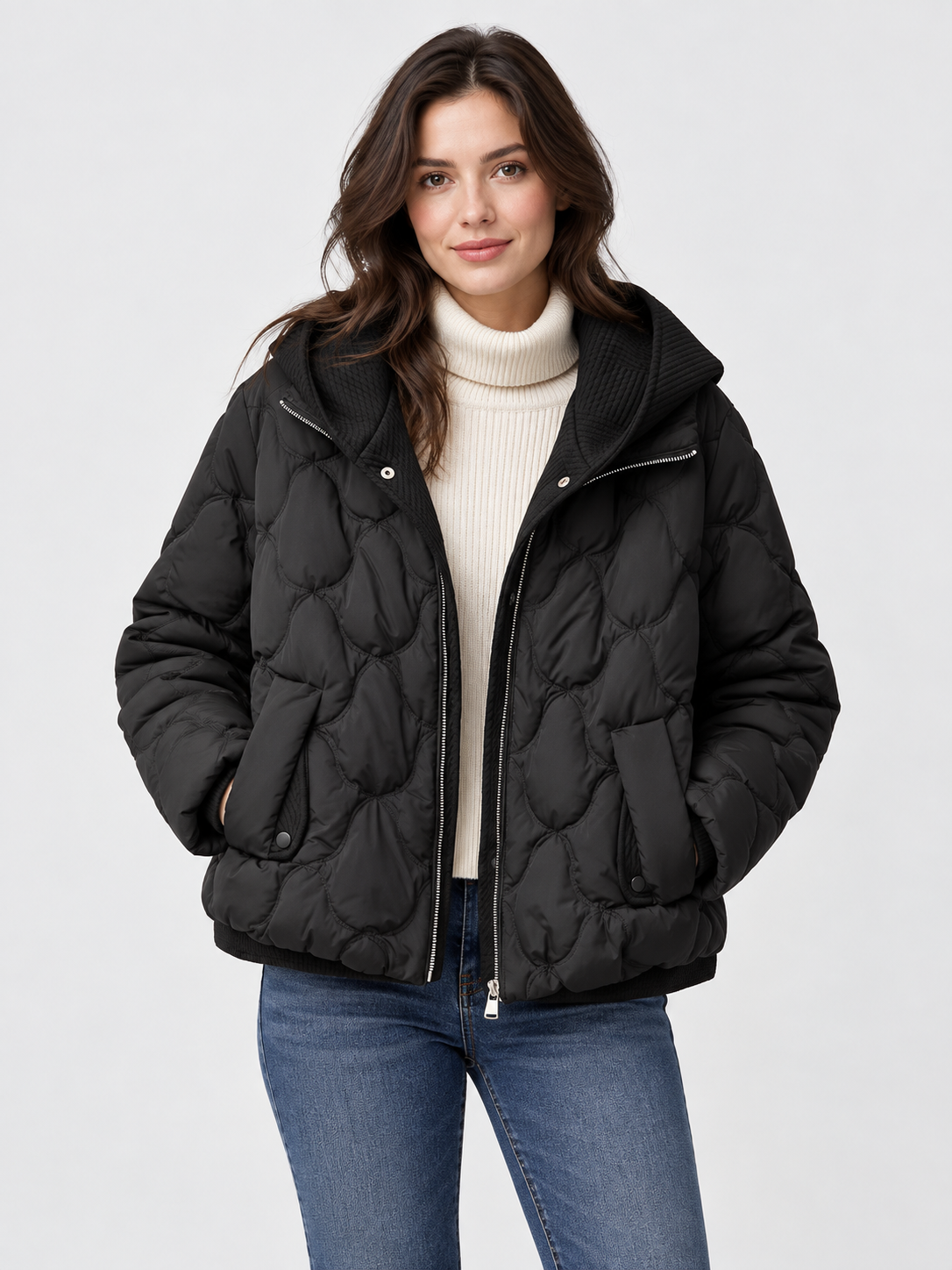Women's Loose Hooded Quilted Cropped Jacket with Zip Closure