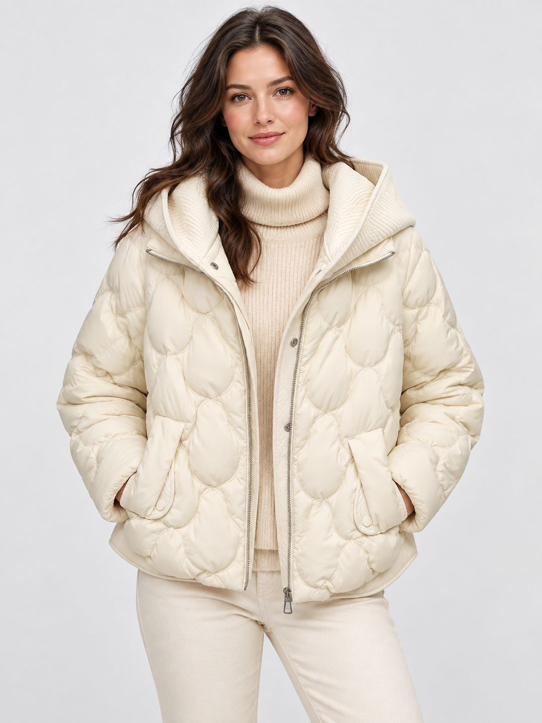 Women's Loose Hooded Quilted Cropped Jacket with Zip Closure