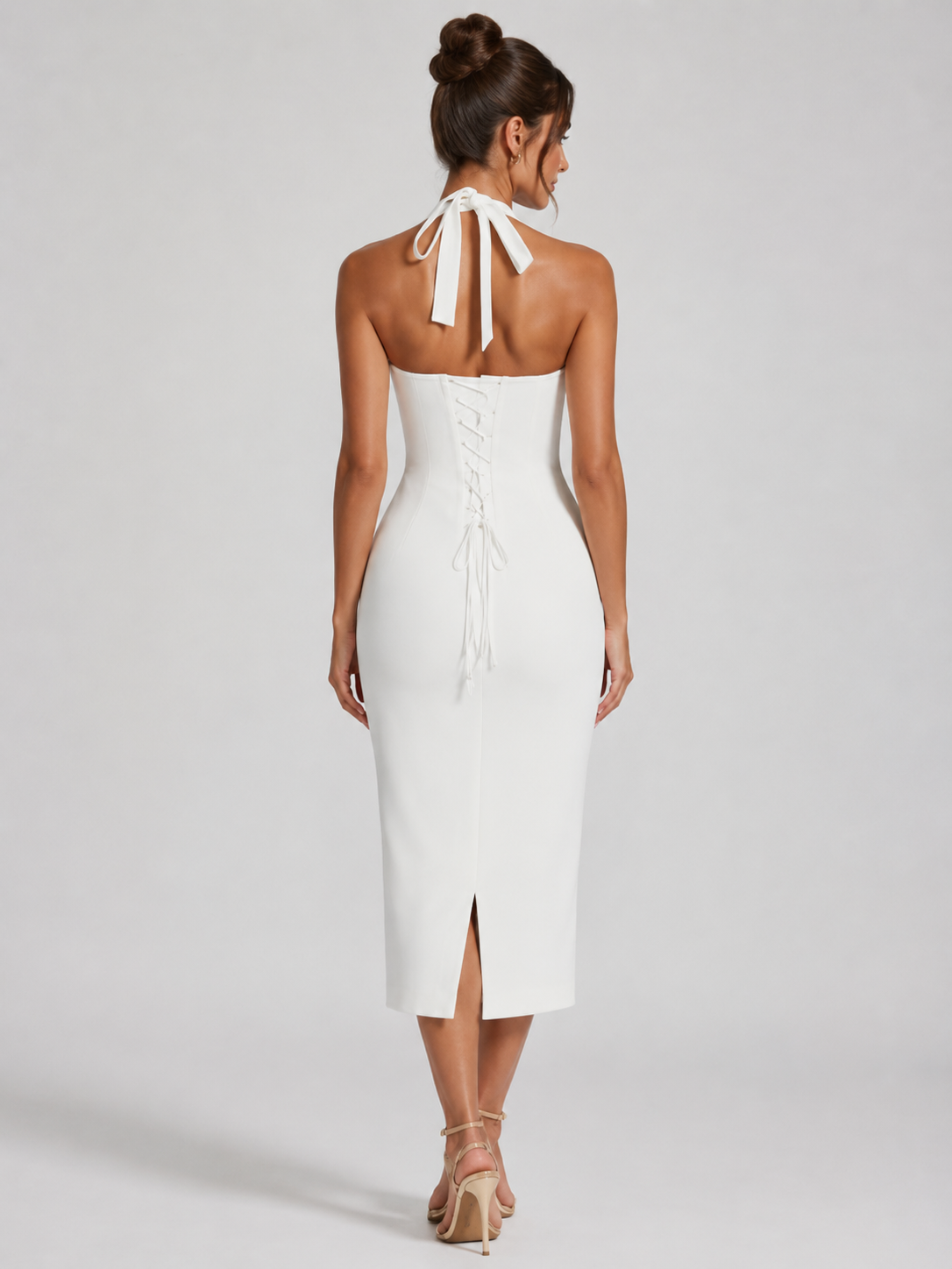 Women’s Midi Dress with Lace Bodice and Halter Neck