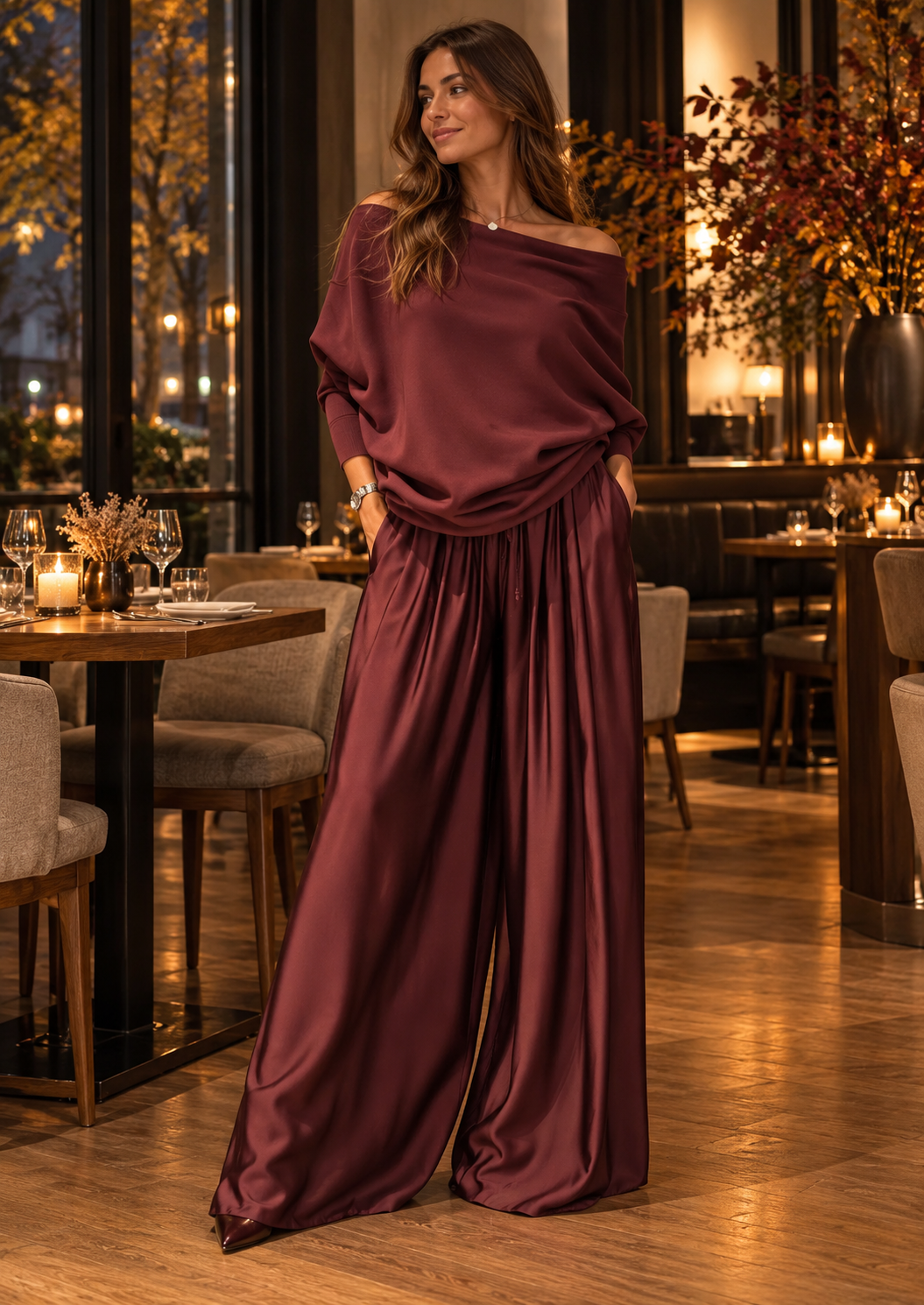 Women's Off-Shoulder Loose Top and Wide-Leg Trousers Set