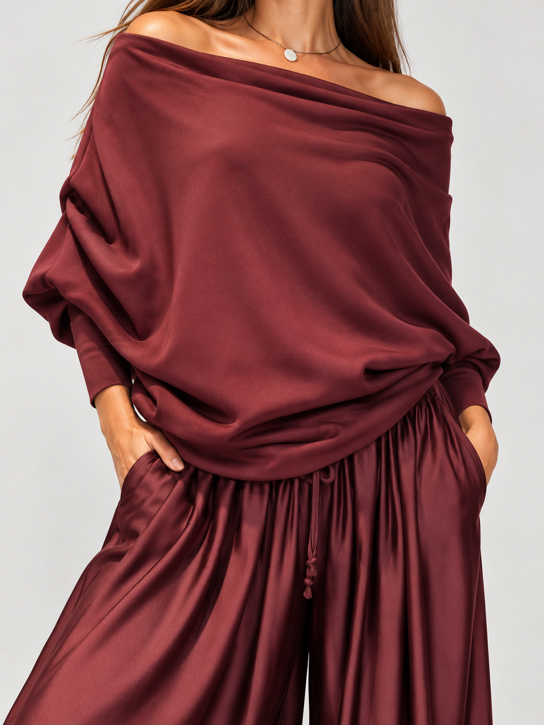 Women's Off-Shoulder Loose Top and Wide-Leg Trousers Set