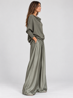 Women's Off-Shoulder Loose Top and Wide-Leg Trousers Set
