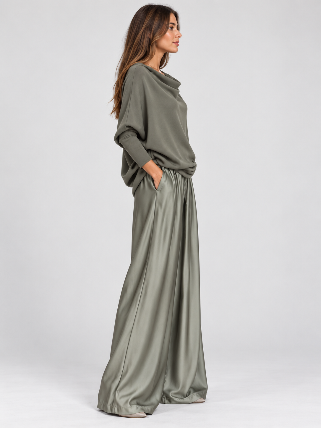 Women's Off-Shoulder Loose Top and Wide-Leg Trousers Set