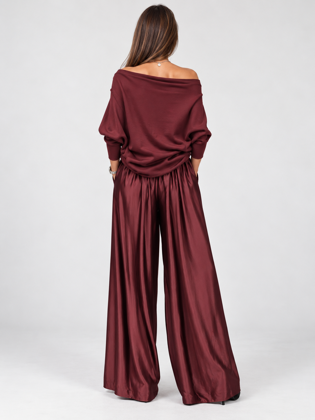 Women's Off-Shoulder Loose Top and Wide-Leg Trousers Set