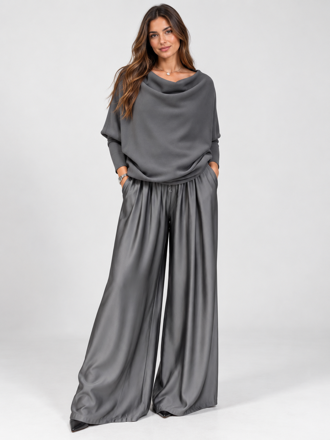Women's Off-Shoulder Loose Top and Wide-Leg Trousers Set