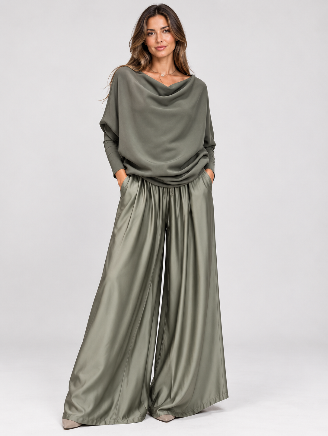 Women's Off-Shoulder Loose Top and Wide-Leg Trousers Set