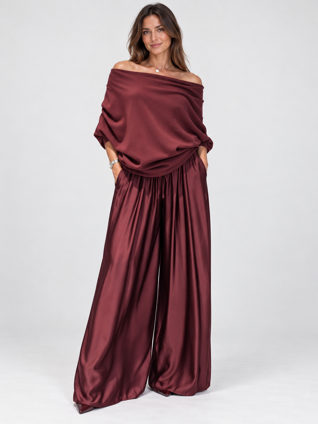 Women's Off-Shoulder Loose Top and Wide-Leg Trousers Set
