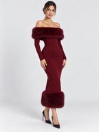 Women's Off-Shoulder Patchwork Bodycon Dress with Full Sleeves