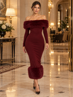 Women's Off-Shoulder Patchwork Bodycon Dress with Full Sleeves