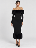 Women's Off-Shoulder Patchwork Bodycon Dress with Full Sleeves