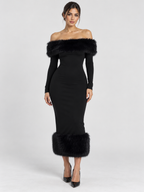 Women's Off-Shoulder Patchwork Bodycon Dress with Full Sleeves
