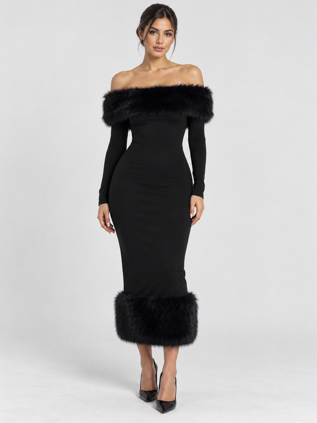 Women's Off-Shoulder Patchwork Bodycon Dress with Full Sleeves
