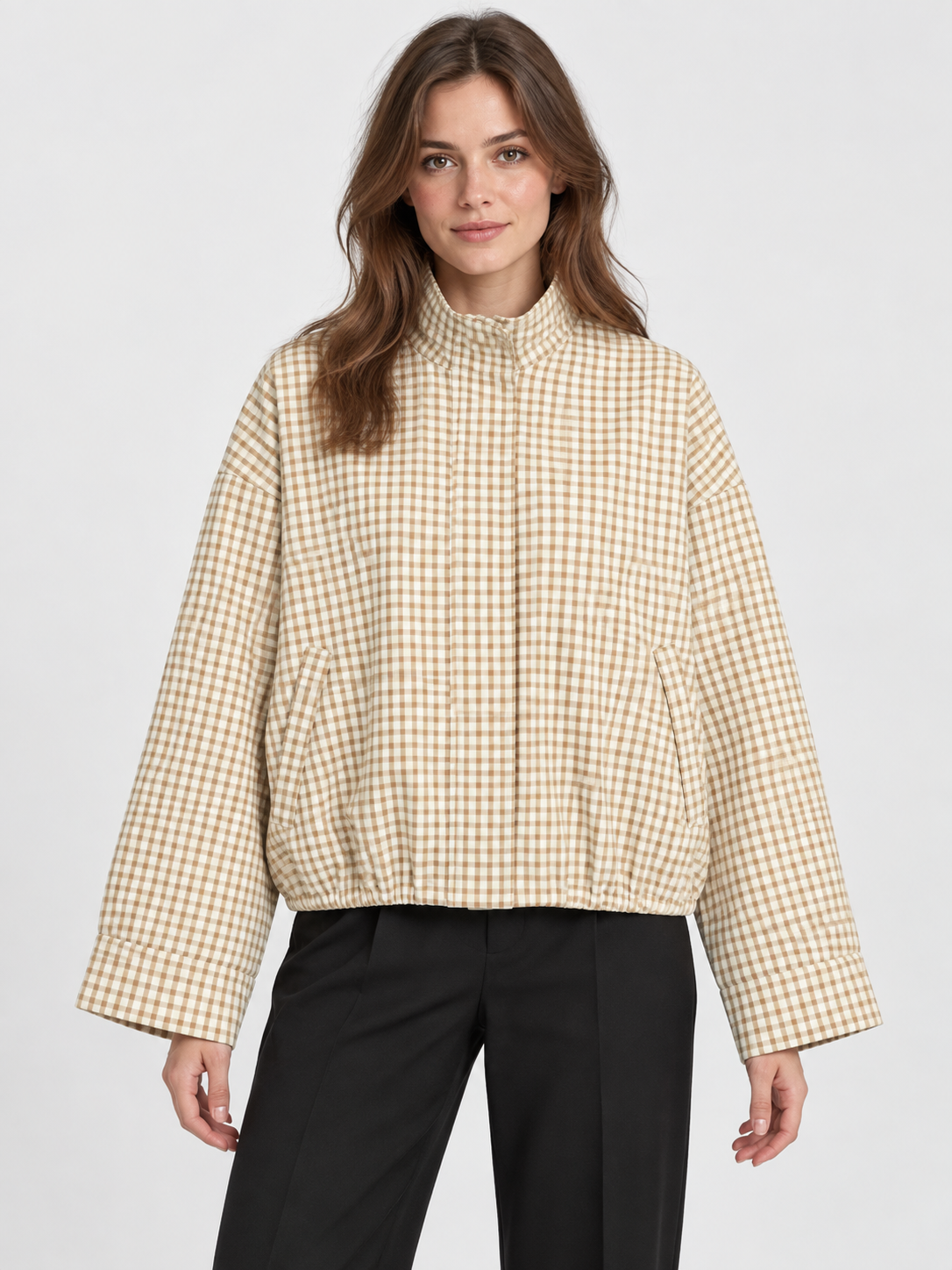 Women's Plaid Cropped Bomber Jacket with Zip