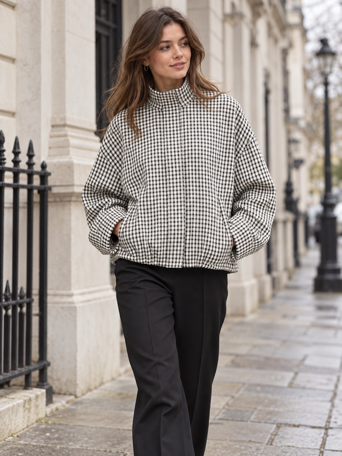 Women's Plaid Cropped Bomber Jacket with Zip