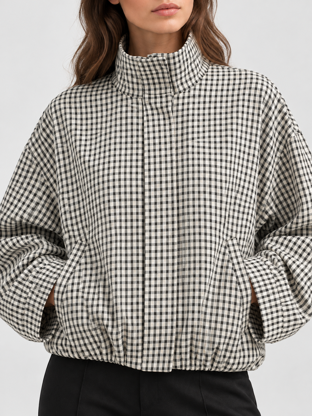 Women's Plaid Cropped Bomber Jacket with Zip