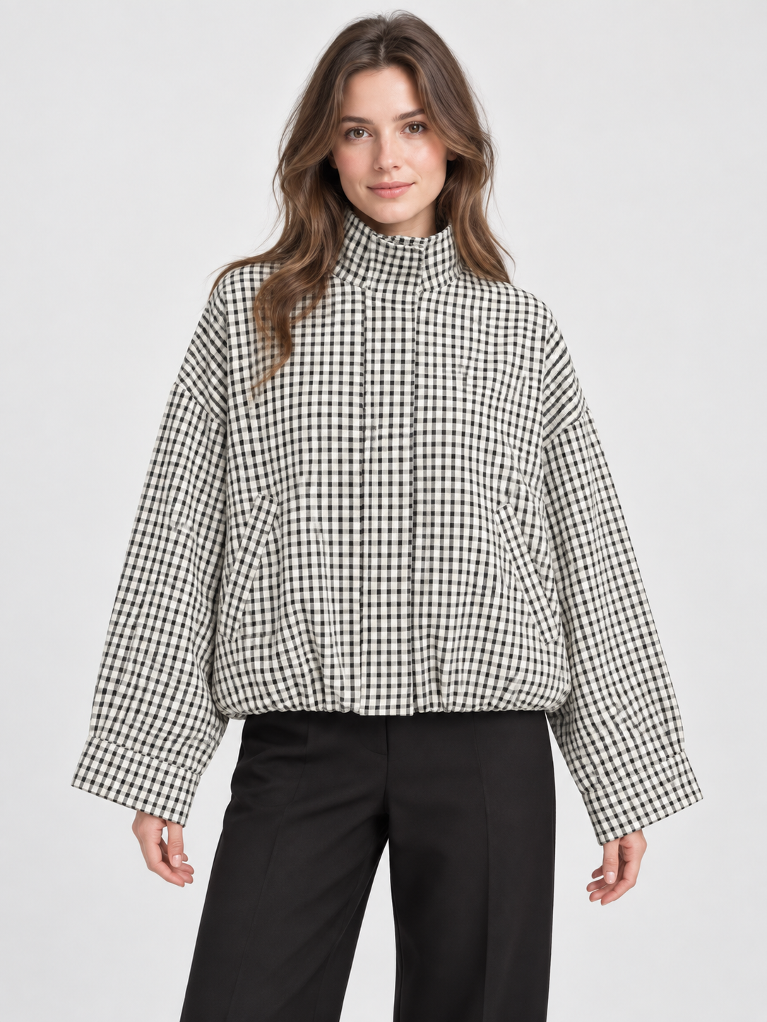 Women's Plaid Cropped Bomber Jacket with Zip