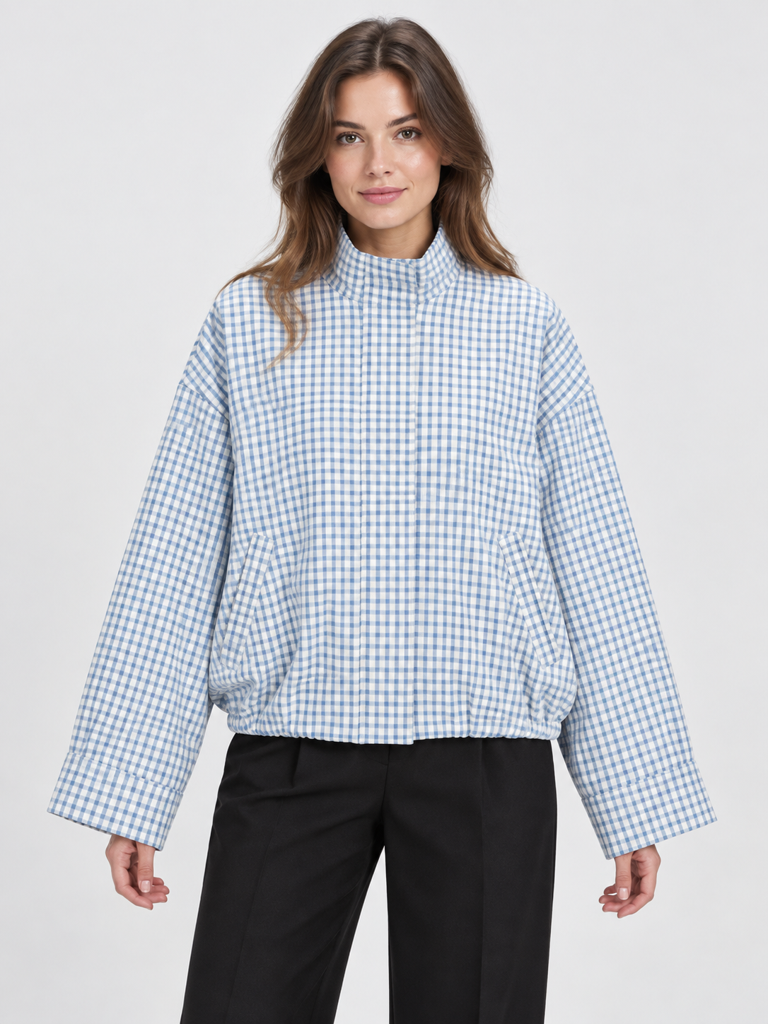 Women's Plaid Cropped Bomber Jacket with Zip