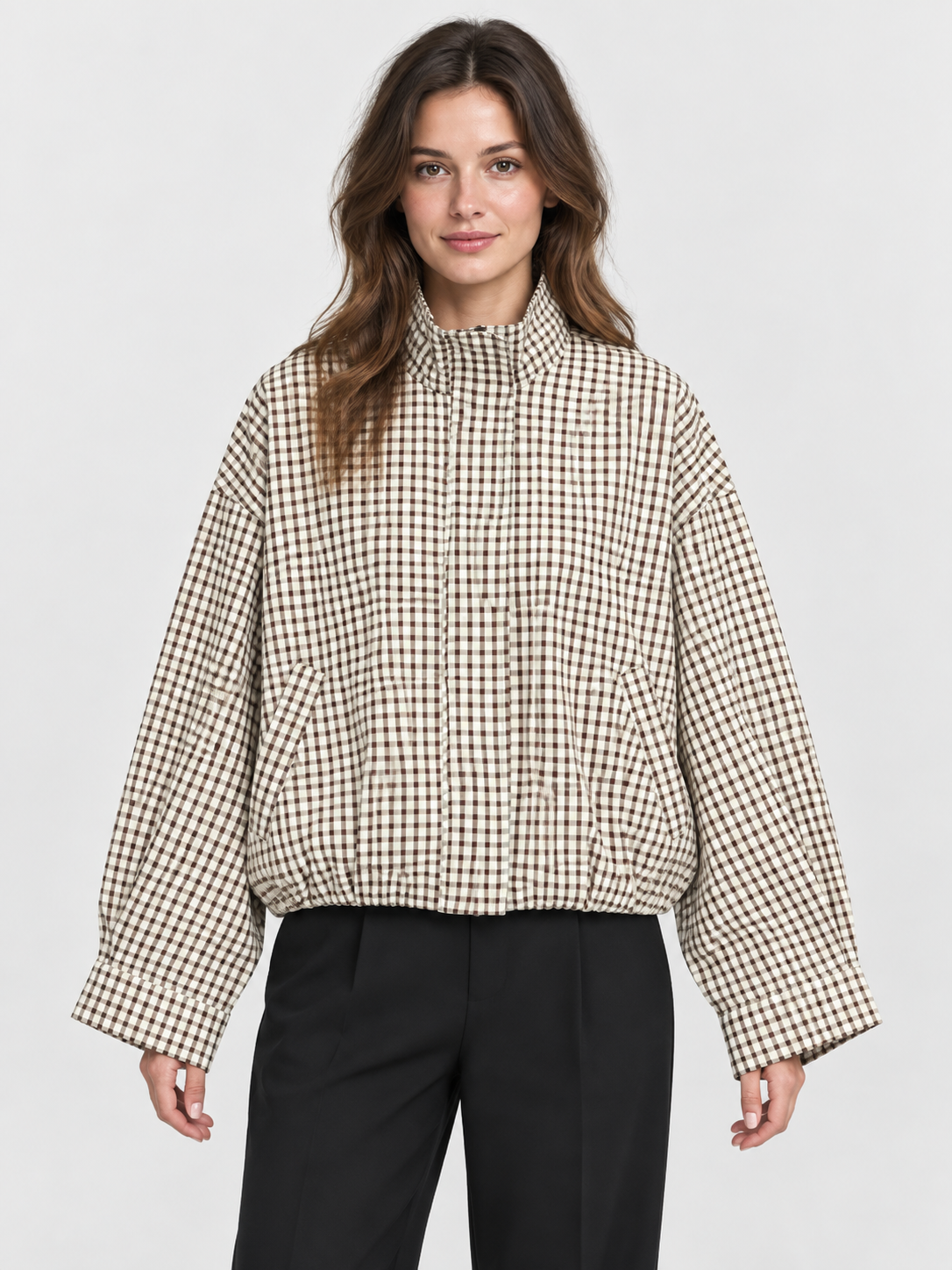 Women's Plaid Cropped Bomber Jacket with Zip