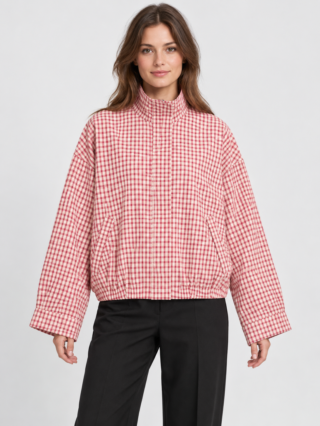 Women's Plaid Cropped Bomber Jacket with Zip