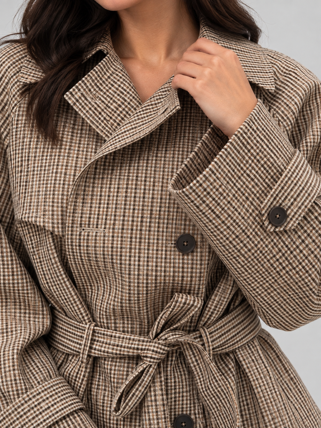 Women's Plaid Double-Breasted Belted Cropped Coat