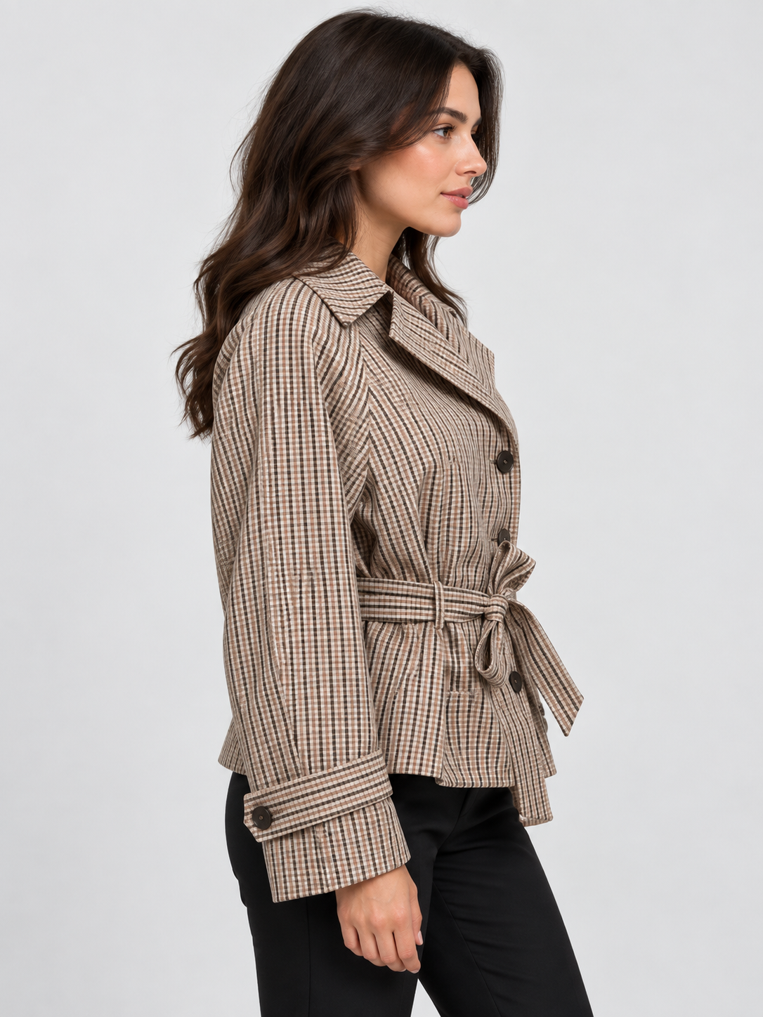 Women's Plaid Double-Breasted Belted Cropped Coat