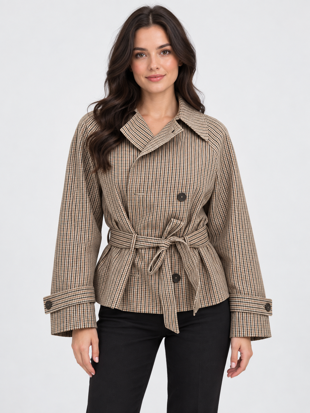 Women's Plaid Double-Breasted Belted Cropped Coat
