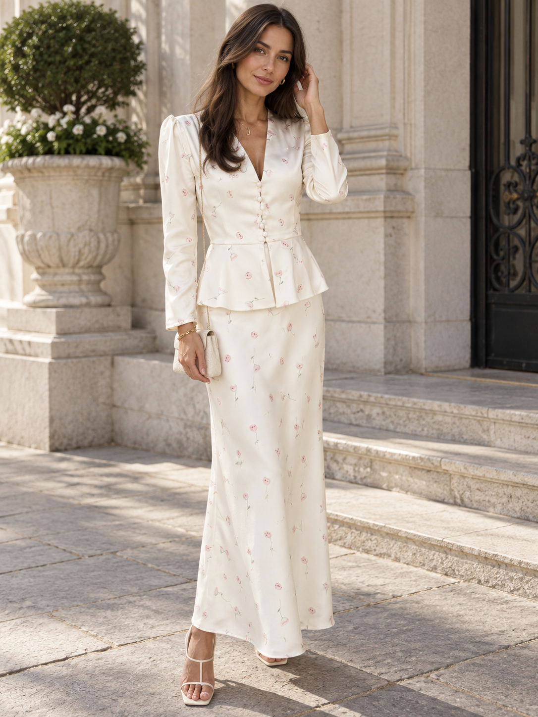 Women's Printed Long-Sleeve Shirt and High-Waist Midi Skirt Two-Piece Set