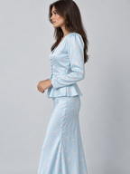 Women's Printed Long-Sleeve Shirt and High-Waist Midi Skirt Two-Piece Set