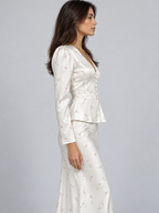 Women's Printed Long-Sleeve Shirt and High-Waist Midi Skirt Two-Piece Set