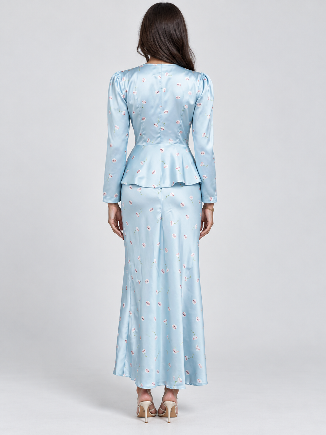 Women's Printed Long-Sleeve Shirt and High-Waist Midi Skirt Two-Piece Set