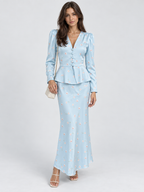Women's Printed Long-Sleeve Shirt and High-Waist Midi Skirt Two-Piece Set