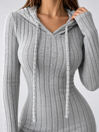 Women's Ribbed Hooded Slim-Fit Dress with Drawstring